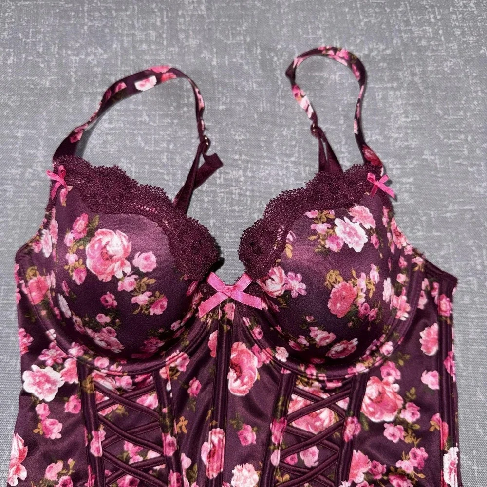 Victorias Secret Dream Angels Bustier Womens 32C Red Floral Satin Boned Demi